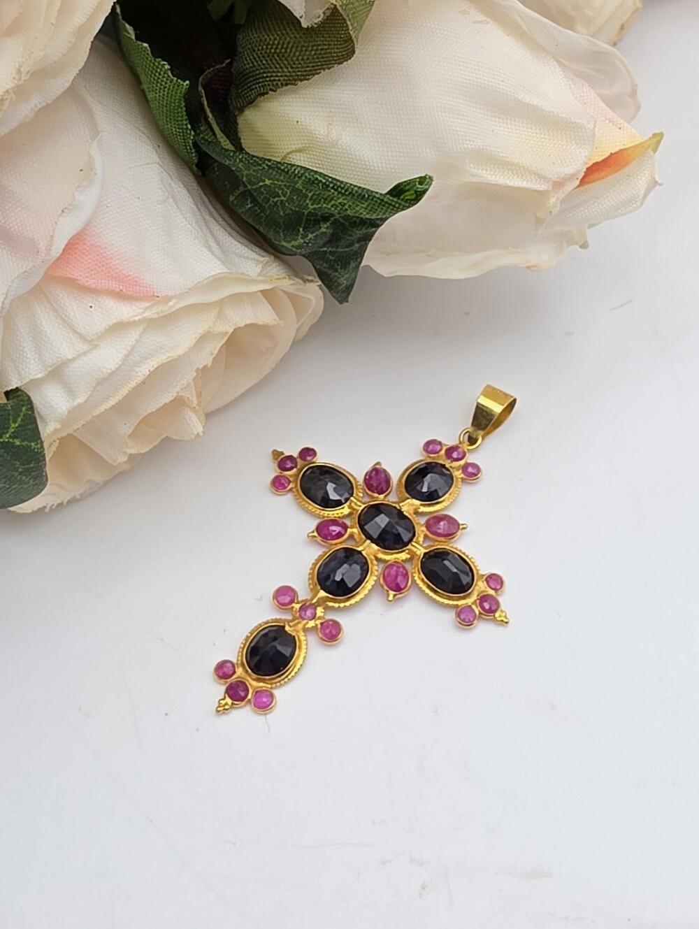 Vintage Estate 18K Yellow Gold Ruby & Blue Sapphire Cross Pendant